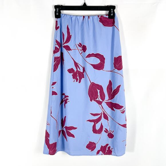Thakoon Floral Midi Skirt Blue Red Midi Side‎ Slit A-line Elastic Waist Sz 0 - Picture 6 of 14
